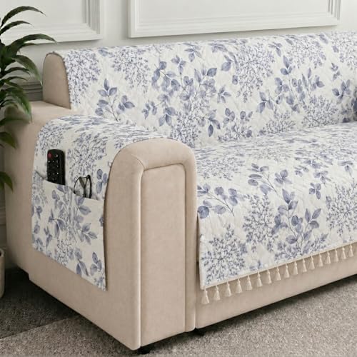 Image of STITCHNEST 'Frostvine Collection' 2 Seater Sofa Cover | Full Coverage with Armrest Pockets | Cotton Quilted Fabric, Decorative Tassels, Washable & Durable for Modern Living