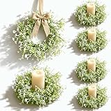 6 Pcs Mini Baby Breath Candle Rings Wreaths Gypsophila Pillar Holder Wreath Artificial Flower Spring Summer Floral Wreath for Wedding Farmhouse Porch Cabinets Table Decoration