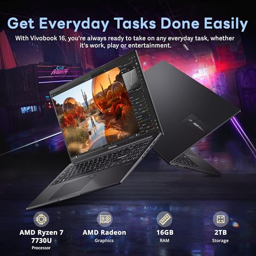 Image of ASUS Vivobook 16 inch FHD+ Laptop, AMD Ryzen 7 7730U, 16GB RAM, 2TB Storage(1TB SSD+1TB Docking Station), AMD Radeon Graphics, Backlit Keyboard, Webcam, Copilot, Win 11, Black