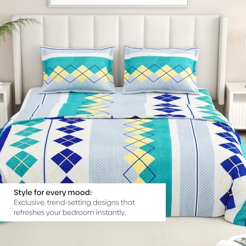 Image of Rivermoor 200 TC Ultrasoft Cotton Bedsheet for Double Bed | Queen Size Bed Sheet with 2 Pillow Covers | Green & Grey Floral | 88 x 96 Inches | Breathable & Hypoallergenic