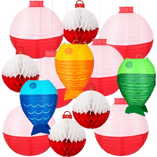 13pcs Fishing Bobber Paper Lanterns Hanging Fish Shaped Lanterns Honeycomb Ball Decorations Red and White Paper Lanterns for Fishing Themed Party Decorations Birthday Decor Supplies.