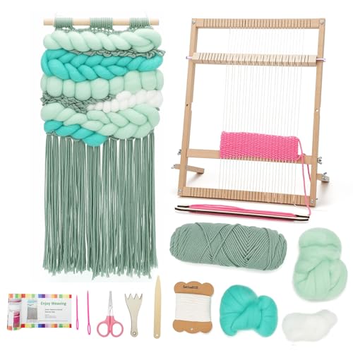 Weaving Loom for Beginners Adults/Kids and 1 Set of Weaving Works Complete Yarn Kit with Detailed Friendly Instructions, Parents and Children in The Holiday Experience Weaving Brings Fun Green