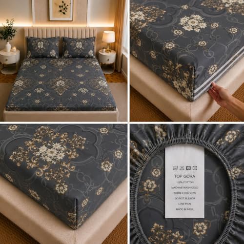 Image of Castiqa Elastic Fitted Supersoft Premium Polycotton 200TC King Size Bedsheets with 2 Pillow Covers (Fits Upto Mattress of 8Inches) (Grey Chain, Full 72x78x8Inch)