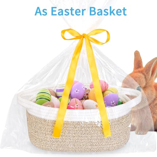 Image of Empty Gift Basket with Gift Bag & Ribbon, Woven Rope Basket, 12x8x5