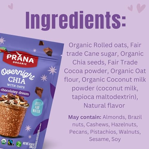 Image of Prana Organic Overnight Chia with Oats Chocolatey Dream | Rich in Fiber & Protein, Vegan, Non-GMO | Fairtrade Chia Pudding - 10.58 oz - 6 Pack