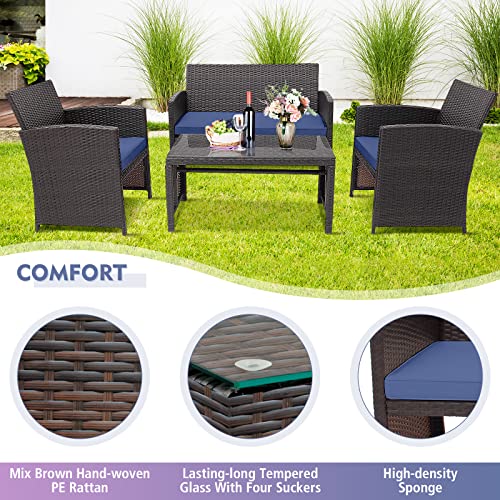 Toolsempire Outdoor Furniture Set With Water-Resistant Cushion & Tempered Glass Table, 4 Pieces Wicker Conversation Set With Ergonomic Curved Design, Ourdoor Rattan Chair For Balcony,Porch(Navy Blue) #TOP2