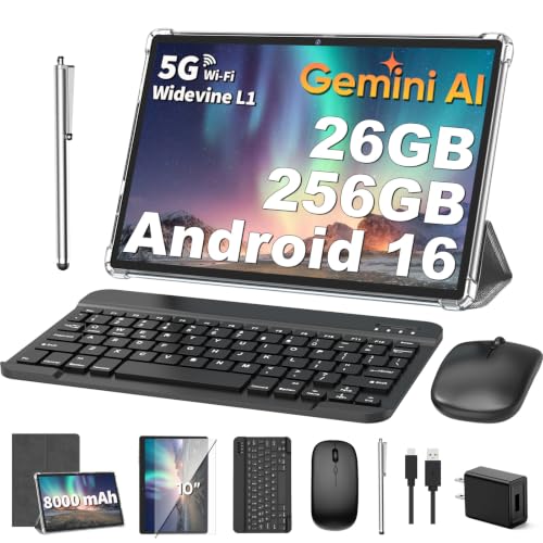 Image of 2026 Android 16 Tablet with Keyboard, Gemini AI, 10 inch Tablet with 26GB+256GB+2TB Expand, Electronic AI Tablet with 8-Core, 5G WiFi, 8000mAh, GPS, 2in 1 Tablet PC with Case, Mouse, Stylus (Silver)