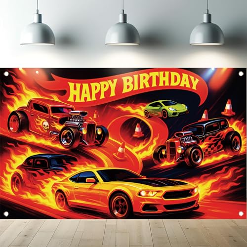 Image of Racing Car Birthday Backdrop Banner - High-Speed Fire & Speed Themed Party Decoration, Sleek Racing Cars Photo Booth Background, 71x43 Inch for Birthday Celebrations