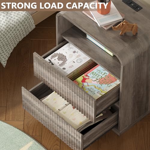 Image of BORNOON Dresser with 2 Drawers and Charging Station, Fluted Bedside Table with Round Curved Corner, Hidden Handles, 2 AC Outlets and 2 USB Ports, Modern Wood End Table with Open Shelf for Bedroom