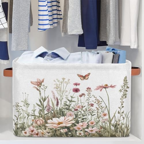Image of Spring Wildflowers Storage Baskets for Organizing, Fabric Collapsible Storage Bins Box Plants Floral Decorative Toy Organizer Baskets for Closet Shelves Gift Basket 2Pcs