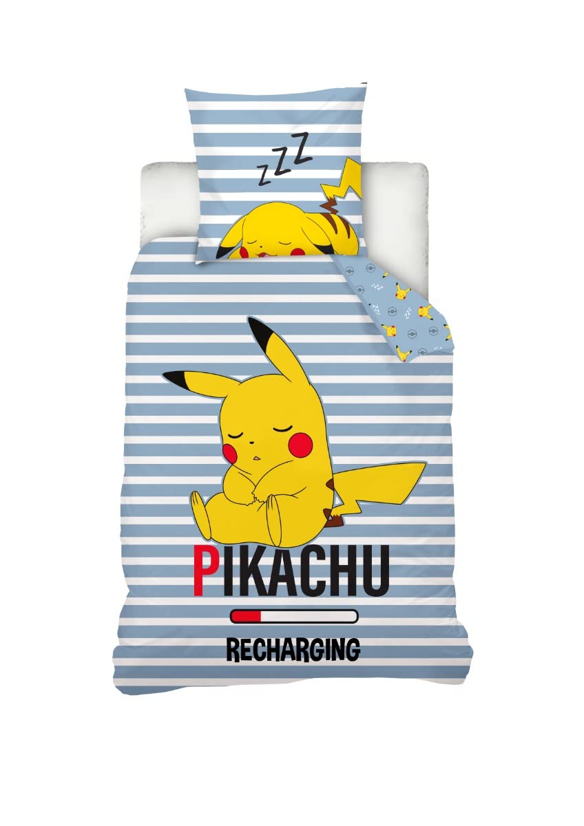 Housse de couette Pikachu 140x200 cm bleue en coton avec taie d'oreiller pour lit enfant