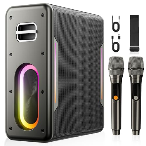 karaoke machine with two wireless microphonesportable bluetooth speaker for adults amp kids pa system with 2 voice mode led lights supports twsauxusbtf for party