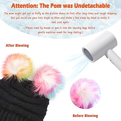 Kids Girls Boys Multi-Color Ear Double Pom Pom Beanie Hat Winter Warm Rib Knitt Ski Hats (Age 7-15)4