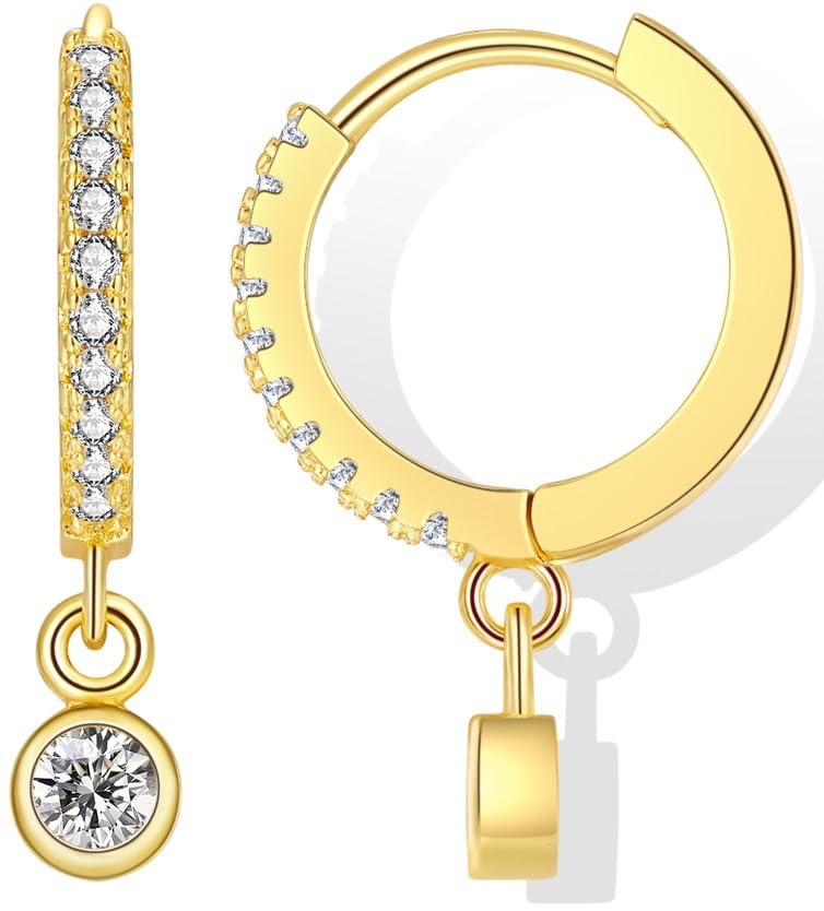 14k Gold Plated Drop Dangle Huggie Hoop Earrings for Women Small Hoop Earrings with Bezel CZ Drop Gold Hoop Earrings for Women