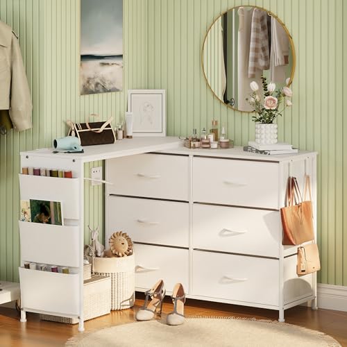 Tocador esquinero blanco en forma de L con 6 cajones y USB para dormitorio 3