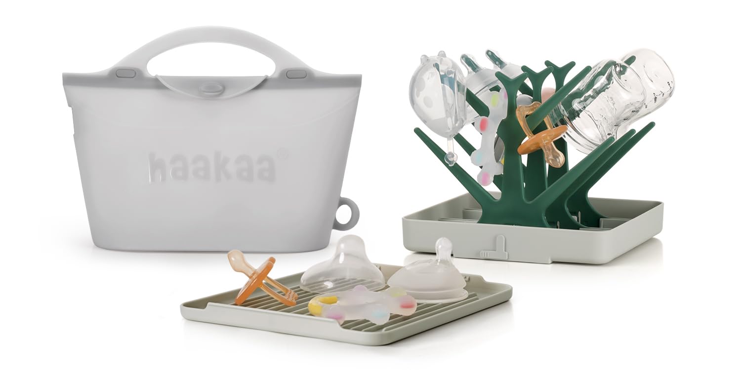 Haakaa Silicone Microwave Steamer,Steriliser Bag, 70oz/2000ml Large Capacity Reusable Steaming Bags & Portable Baby Bottle Drying Rack with Tray（Grey/1PC & Green）