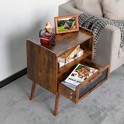 Image of Lerliuo Rattan Nightstands Set of 2, Boho Side Table with Drawer Open Shelf | Cane Accent Bedside End Table with Solid Wood Legs for Bedroom, Dorm and Small Spaces (Brown)