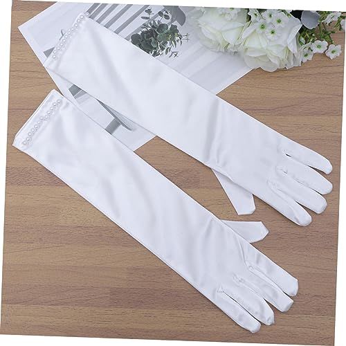 1pair Wedding Flower Girl Gloves Long Satin Pearl Decor Elegant Gloves for Special Occasions White4