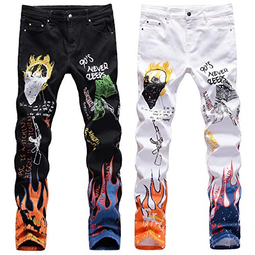 Men's Stretchy Skinny Jeans Color Letter Print Hip Hop Denim Pants with Zipper Straight Leg Male Casual Trousers