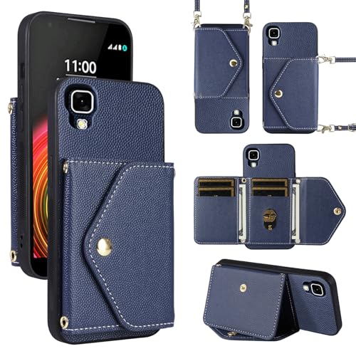 Dibosom Minimalist Wallet Case for LG X Power with Shoulder Strap,6 Card Slots Thin Slim Flip Purse,PU Leather Credit Card Holder Stand Accessories Cell Phone Cover for XPower 1 LS755 K450 Men Blue