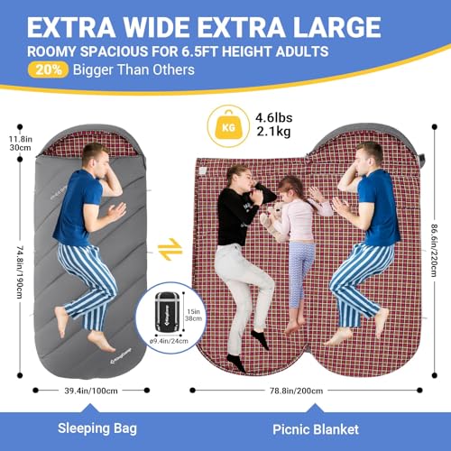 KingCamp Sleeping Bag for Adults, Cold Weather & Warm Extra Wide Big & Tall XL Portable Waterproof Flannel Sleeping Bags, Essentials Gear Accessories for Camping Backpacking Hiking Indoor & Outdoor - Image 3