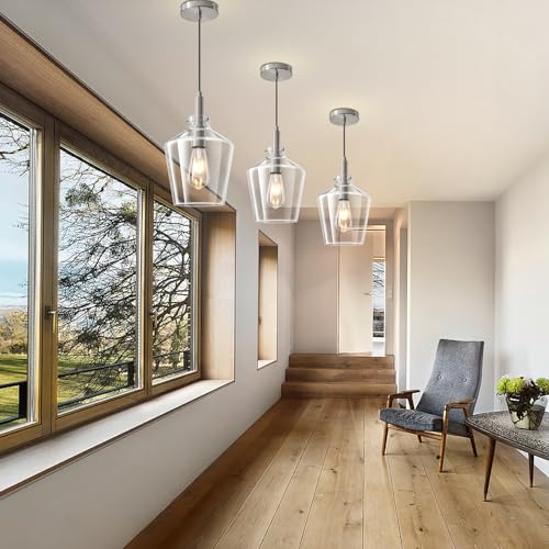 Image of Glass Pendant Lighting for Kitchen Island Foyer 1 Pack Nickel Clear 8 Inch