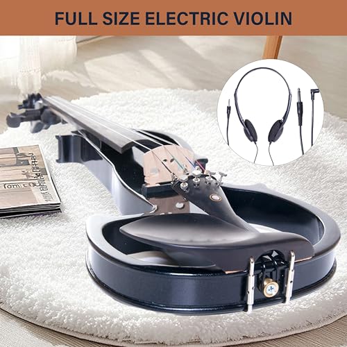 Image of Cecilio Silent Electric Solid Wood Violin Kit with Ebony Fittings, Full Size 4 /4 Electric Violin for Beginner and Professional Musicians, Black Metallic