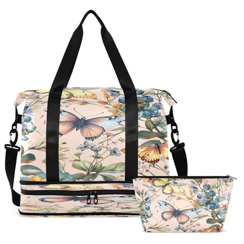 Vintage Watercolor Floral Gym Bag for Women Sport Travel Duffel Bag Shoulder Weekender Overnight Bags with Wet Pocket & Shoe Compartment2