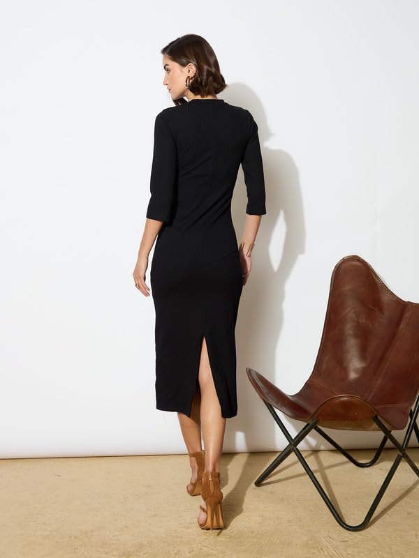 Image of barcino Black Rib Mock Round Neck Midi Dress