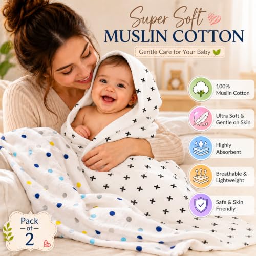 Image of Organic Cotton Muslin Pack of 2 Baby Bath Towel Cotton Cloth Premium Baby Washable, Reusable, Absorbent, Extra Soft 120 X 120 Cm Multi Dot & Black Plus