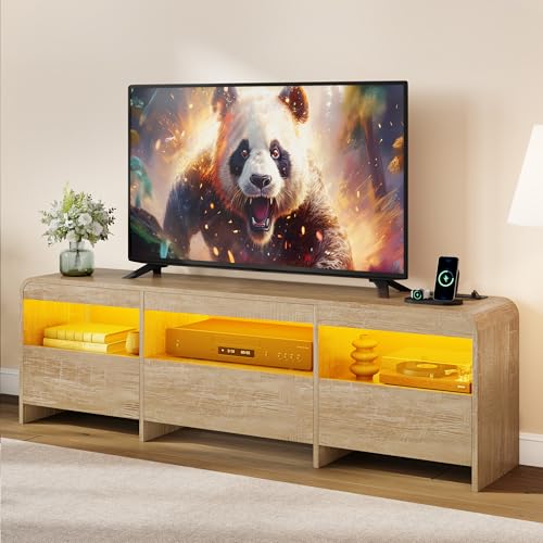 Homiflex TV Stand for 65, 70 Inch TVs, LED Entertainment Center with Drawers and Open Storage, Wood TV Console w/Power Outlets, Modern Media Console, Curved Corner, for Living Room, Bedroom, Natural