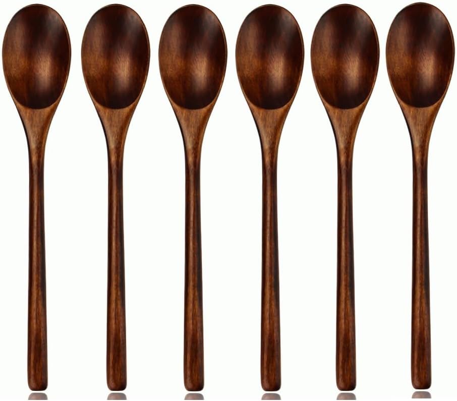 Wooden Spoons for Eating, 6 Pieces Japanese Natural Plant Ellipse Wooden Ladle Spoon Set for Cooking Mixing Stirring Honey Tea Soda Dessert Coconut Bowl Nonstick Pots Kitchen