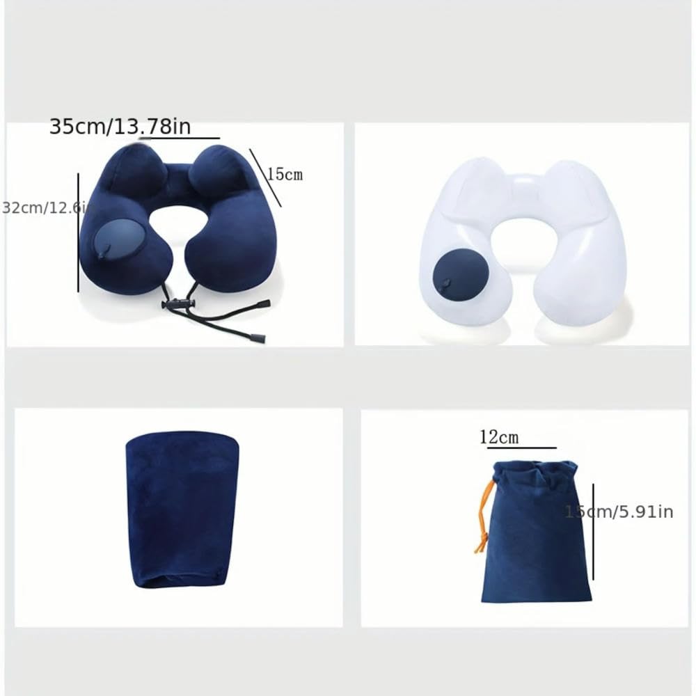 Almohada inflable portátil en forma de U, hipoalergénica, suave, cojín de viaje con botón de presión, fácil de inflar