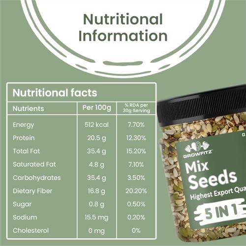Image of Growfitz 5-in-1 Super Seed Mix | Pack of 2 (250g Each)| 20.5g High Protein & Fiber | Roasted Pumpkin, Sunflower, Flax, Chia, Soy Nuts & Sesame | Healthy Snack | Export Quality Superfood
