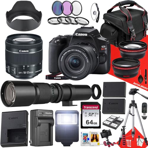 Canon EOS Rebel SL3 DSLR Camera with EF-S 18-55mm f/4-5.6 is STM and 500mm f/8.0 Preset Telephoto Lens + 64 GB Memory + Filters + Tripod + More (36pc Bundle) (Renewed), Black
