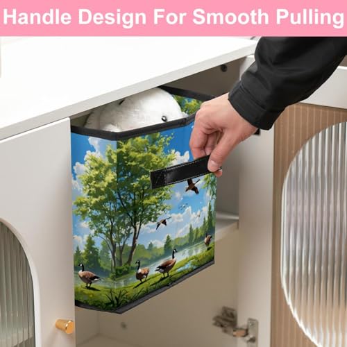 Boîte de rangement pliable cube avec poignées cuir motif oies - 6