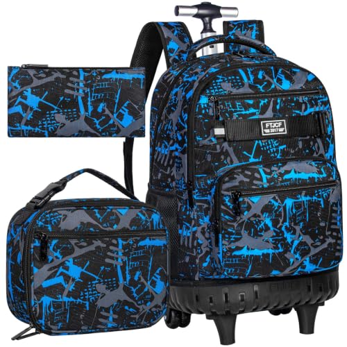 Image of 3Pcs Rolling Backpack for Boys, Men Roller Bag with Wheels for Adults, 19 Inche Graffiti Wheeled Bookbag with Lunch Box(Blue)