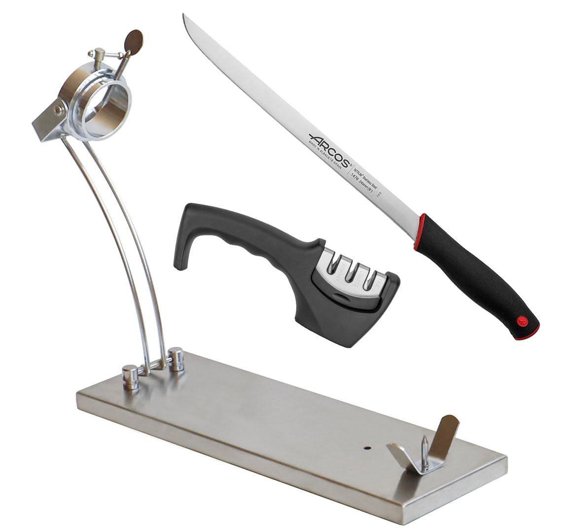 Schinkenhalter aus Edelstahl | zusammenklappbarer Schinkenhalter | drehbarer Schinkenhalter | professioneller Schinkenhalter | Professionelles Schinkenmesser und Schärfer (INOX Set A)