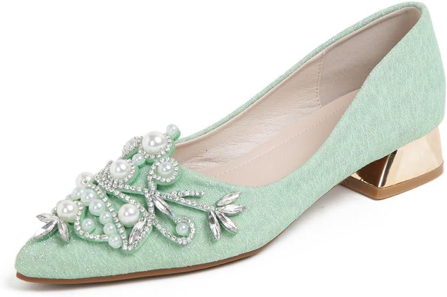 Women's Chunky Heel Comfortable Work Shoes Rhinestones Pearl Dress Wedding Pumps for Women - 1.18Inches Height