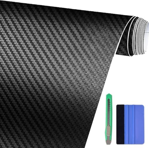 Foneso Carbon Folie, 3D Schwarz mit Werkzeug,150 X 30cm | Selbstklebend Autofolie aus Vinyl,Auto Schutz Carbon Folie