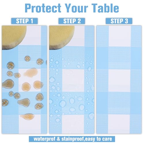 Image of Kesfey 3 Packs Light Blue Gingham Tablecloth Pale Blue and White Checkered Tablecloths 54 x 108 Inches Disposable Plastic Gingham Tablecovers Waterproof Rectangle Picnic Table Cover for Birthday Party