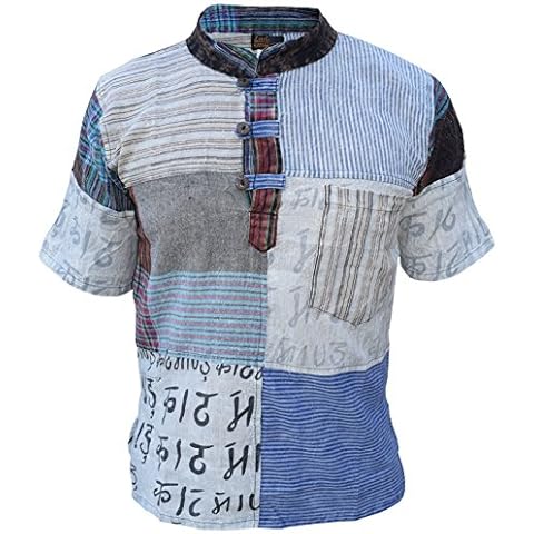 Gheri Mens Kathmandu Printed Patchwork Grandad Short Sleeve Summer Festival Kurta Shirt A XL Cover