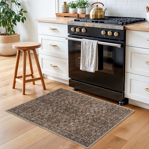 2x3 Rust Washable Rug Soft Area Rug for Entryway, Non-Slip Indoor Door Mat Distressed Floral Low-Pile Kitchen Rugs, Neutral Vintage Carpet for Entrance Kitchen Bedside Farmhouse