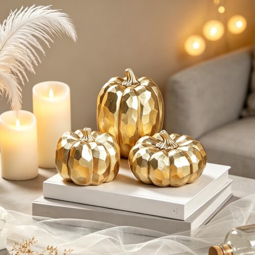 Image of winemana 3 Pack Gold Pumpkins Fall Decorations for Home | Resin, Thanksgiving Decor, Artificial Decorative Pumpkin, For Office Table Mantel Indoor Fireplace Autumn