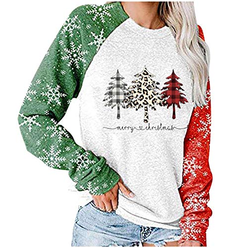 Women Xmas Blouse Tops Merry Christmas Leopard Tree Shirts Patchwork Pullover Sweatshirts Long Sleeve T-Shirt Tops (White, M)