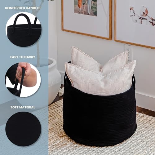 Image of OrganiHaus Round Toy Basket & Blanket Basket, Cotton Rope 20x13 inch | Full Black - Round Cotton Rope Basket, 20x13 inch