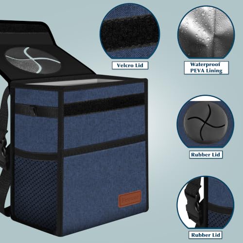 Image of Femuar Leak Proof Car Trash Can with Lid, Collapsible Hanging Waterproof Car Trash Bag with Mesh Pocket for SUV Front Seat Headrest, Dark Blue