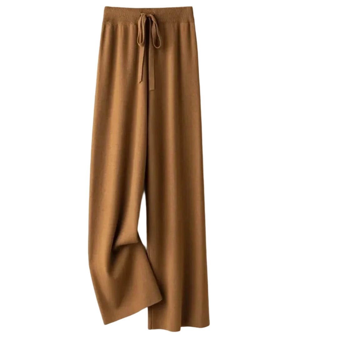 Womens Winter Knitted Wide Leg High Waist Straight Thick Casual Floor Length Trousers Pants Yellow Medium
