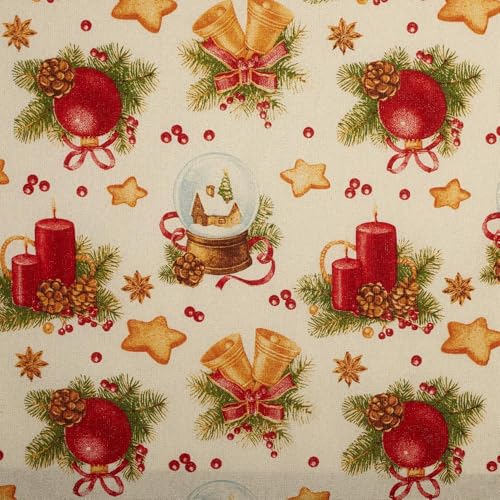 Kt KILOtela - Tela Loneta Estampada Navidad, Tapizar Sillas, Cojines, Cabecero, Sofá, Bolsos, Resistente al Desgaste, Costura, 100 cm Largo x 280 cm Ancho, Velas, Campanas, Dorado, 1 metro