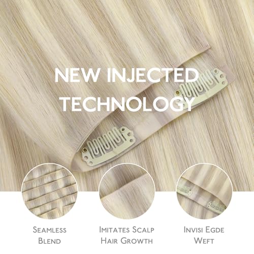 Image of WENNALIFE Invisi Edge Clip in Hair Extensions Real Human Hair, 12 Inch 80g 7pcs Ash Blonde Highlighted Platinum Blonde Invisible PU Skin Weft Straight Extensiones De Cabello Hmano Clip Ins
